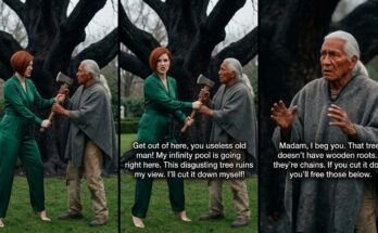Una mujer frente a un extraño árbol negro en una mansión, mientras un jardinero intenta advertirle del peligro oculto bajo sus raíces.